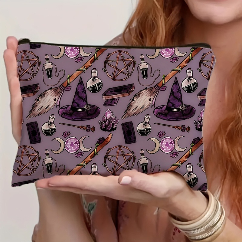 1pc Dark Purple Magi Theme Makeup Bag Chic Halloween Lightweight Foldable Travel Storagewith Witches' Hats,Cosmetic Bag