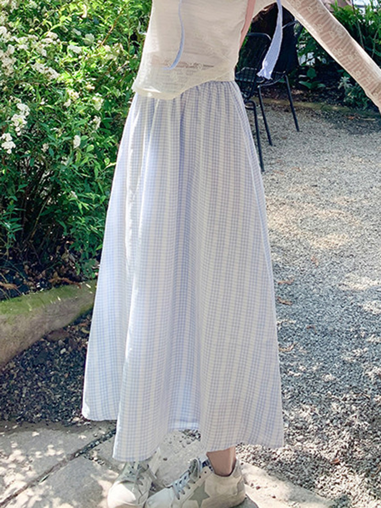 Beach Sweet Plaid Long Skirt Women Loose Fashion High Waist Cute Skirt Summer Female Elegant Ocean Holiday Korean Long Skirts