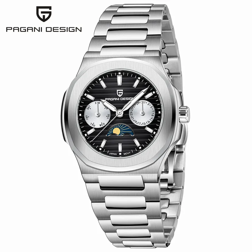 PAGANI DESIGN Watches New Luxury Moon Phase Quartz Watch For Men Calendar Luminous Stainless Steel Sapphire Crystal Men's Watch
