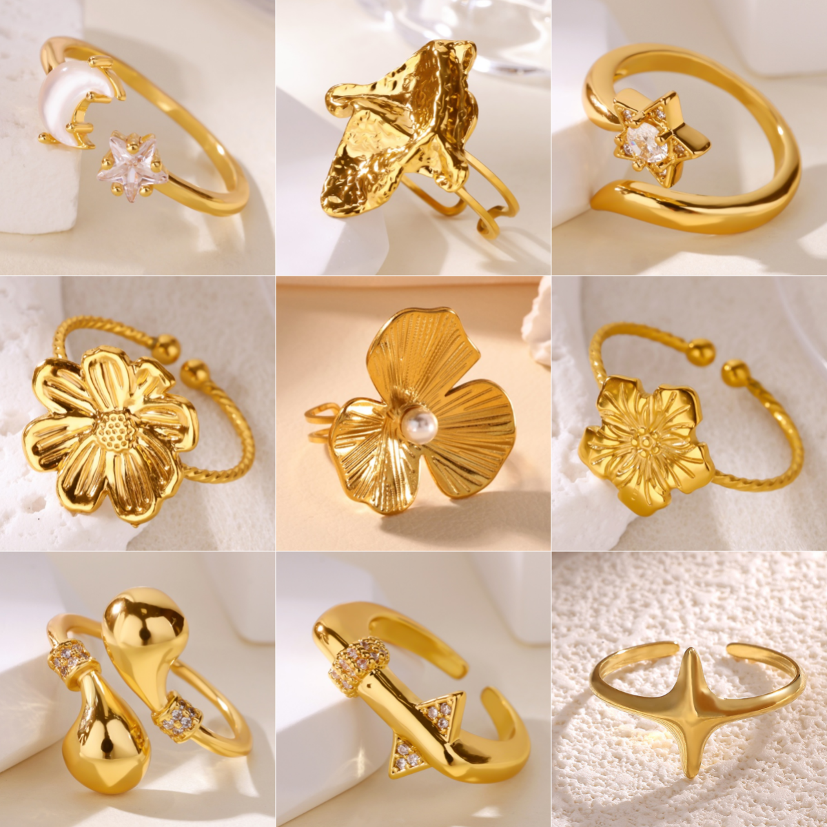 Classic Floral Womens' Ring Zirconia Gold Plated Stainless Steel Luxury Star Jewelry Ring Free Shipping