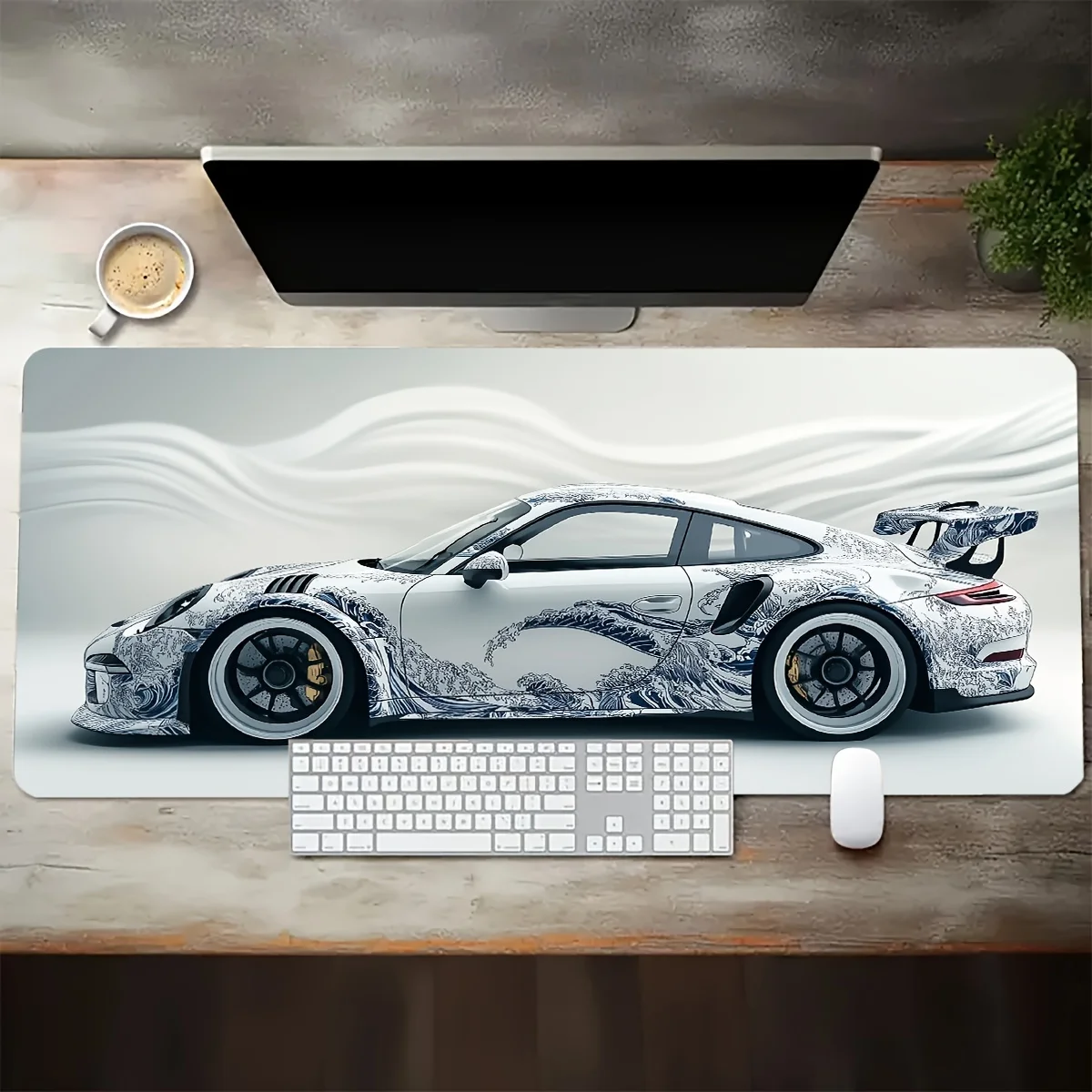 Extended Desk Mat Large White Sports Car Design Gaming Mouse Pad Anti-Slip Base for Gamer Office Use Computer Accessories