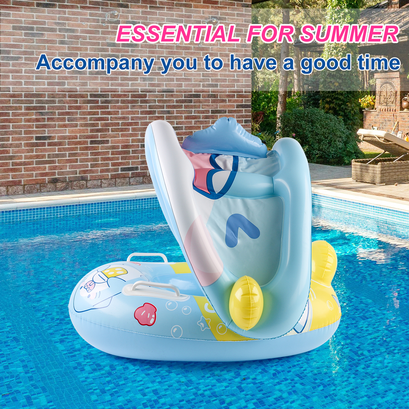 1PC Swim ring with a sunshade, car-shaped inflatable pool floats with an adjustable sunshade and safety seat