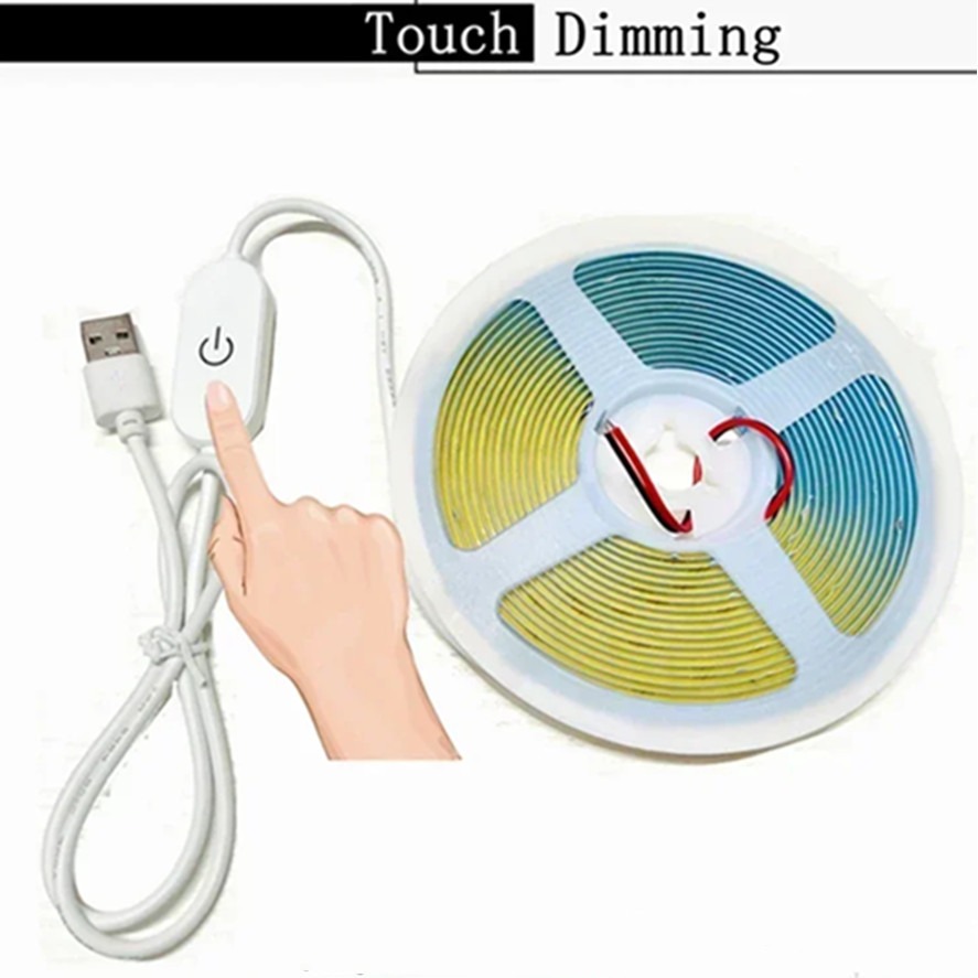 1-5M USB LED Strip Light 5V 320LEDs/M COB Touch Sensor Dimmable Lamp Tape DIY Mirror Backlight TV Kitchen Room Night Lighting