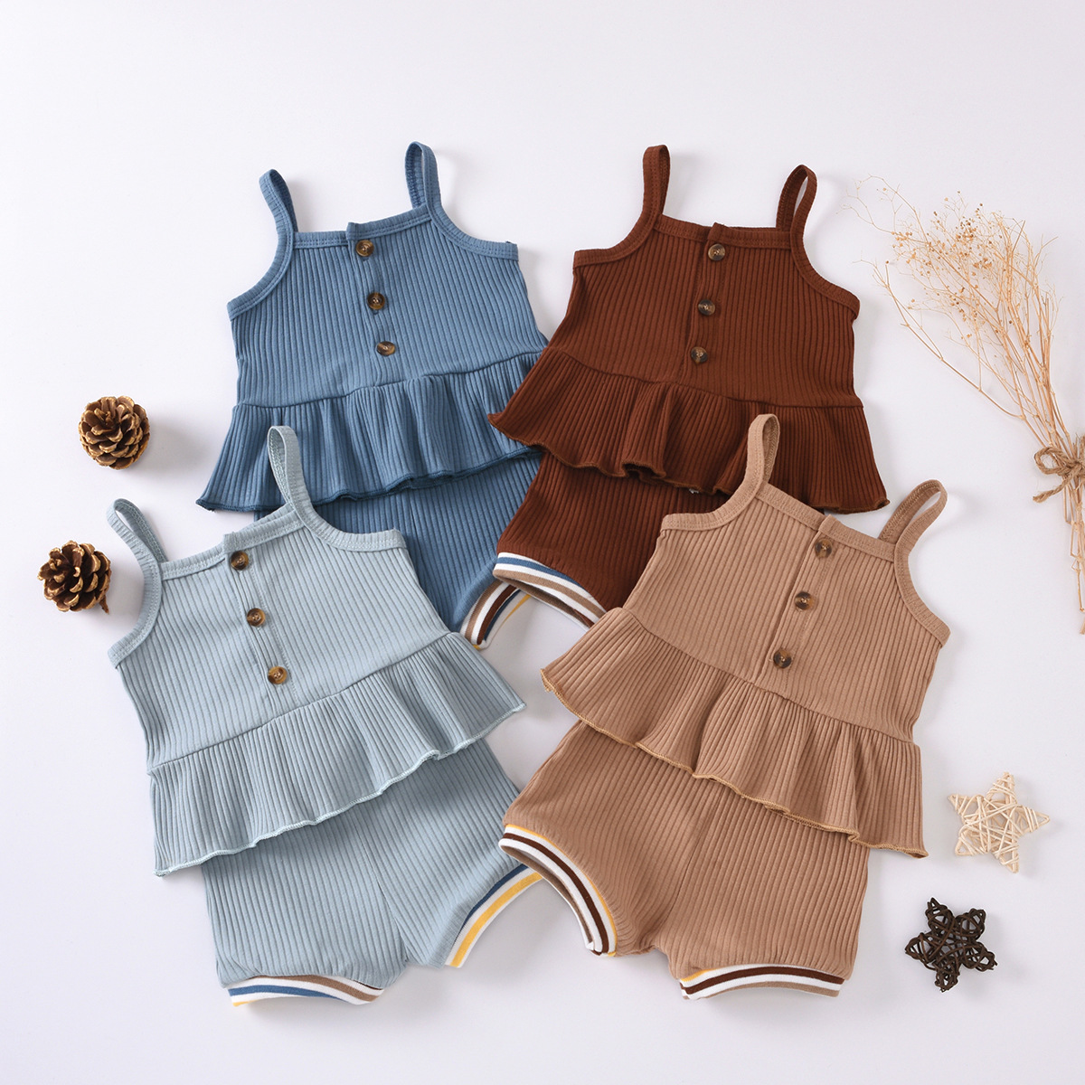 Summer female infant pit strip solid color suspender skirt and blue shorts fashion suit