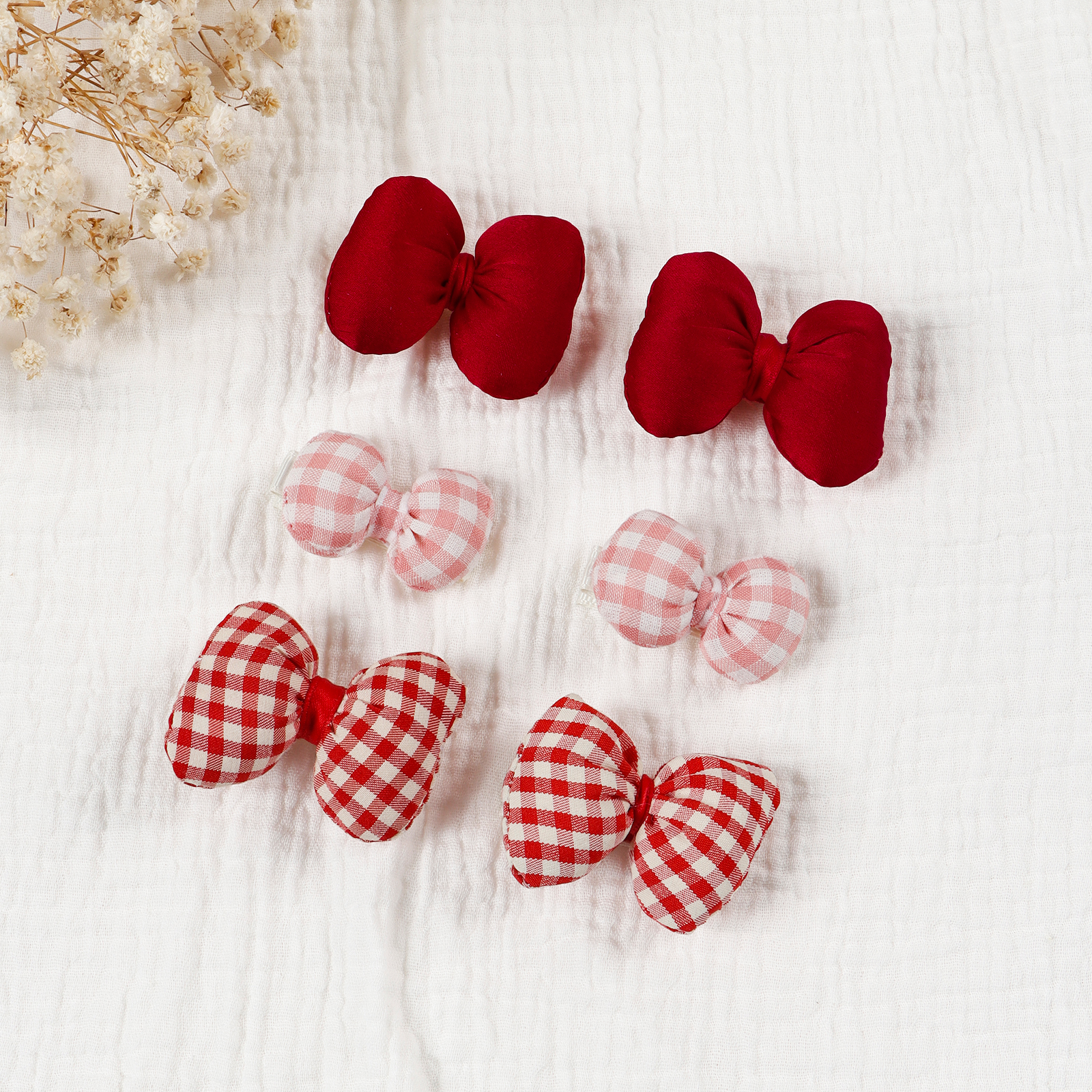6pcs Red Checkered Three-dimensional Bow Hairpin Girl Fashion Retro Mini Hair Barrettes Fabric Cartoon Cute Hair Accessory