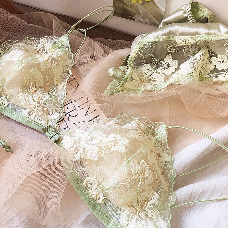 French Lace Bralette Small Bust Women Wireless Ultra Thin Embroidery Mesh No Underwire Push Up Comfort Bra Set BANERDANNI