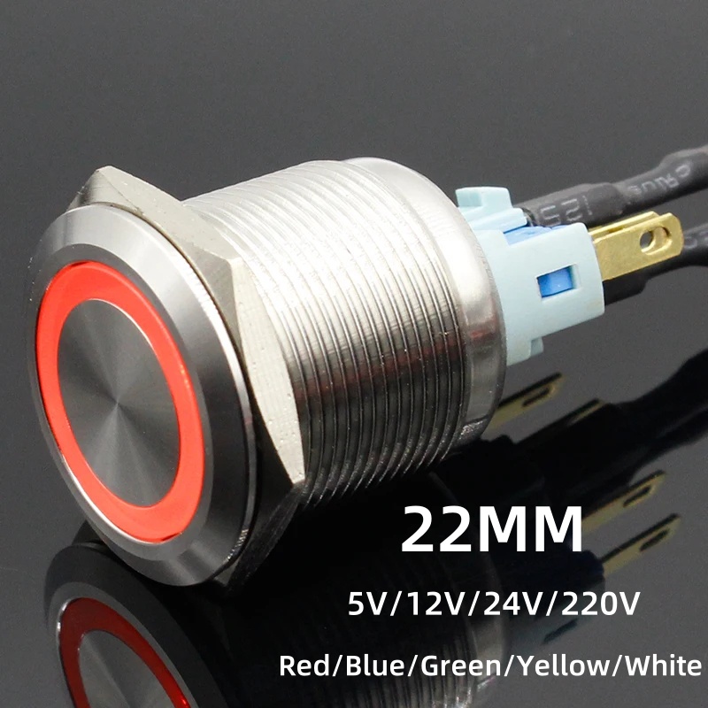 1pc 22mm LED Power Push Button Switch Momentary/Latching Waterproof Metal Self-Locking 5V 12V 24V 220V ip65