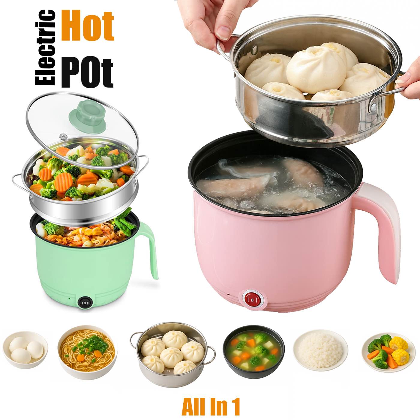 3in1 Portable Electric Hotpot Multi Cook Rice-Cooker Stainless Steel Electric Cooking Pot Mini Noodle Maker Egg Boiler Vegetable Rice Cooker