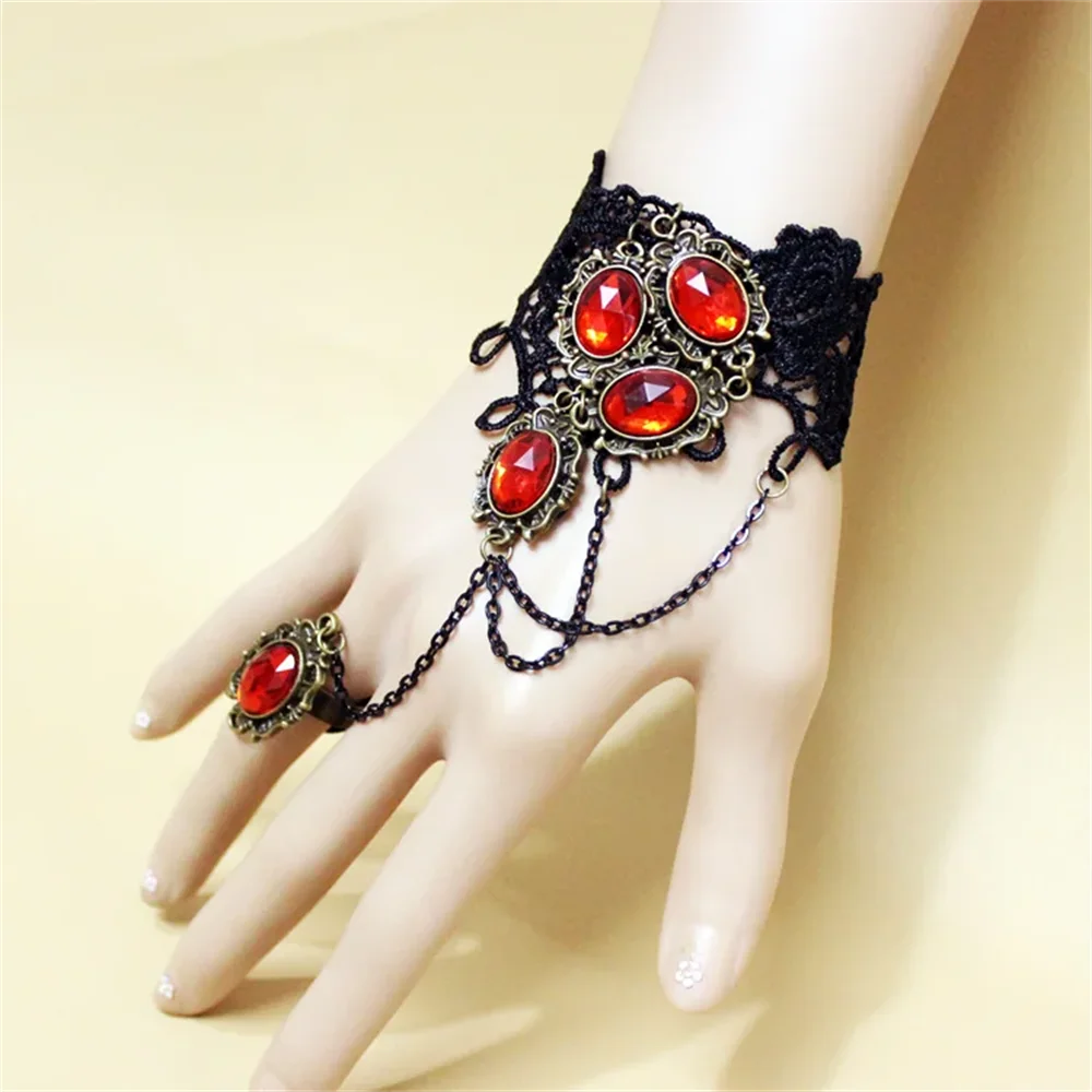 Vampire Black Lace Design Sense Gem Bracelets Elegant Gothic Punk Versatile Charm Ring Bracelet Jewelry Accessories Suitable