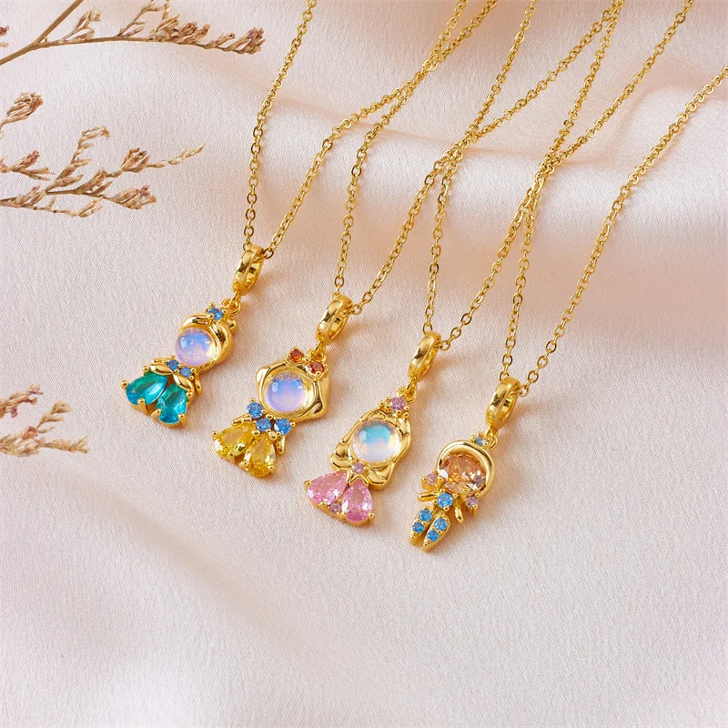 Cute Shiny Zircon Princess Snow White Cinderella Pendant Necklace for Women Girls Stainless Steel Chain Party Accessories s