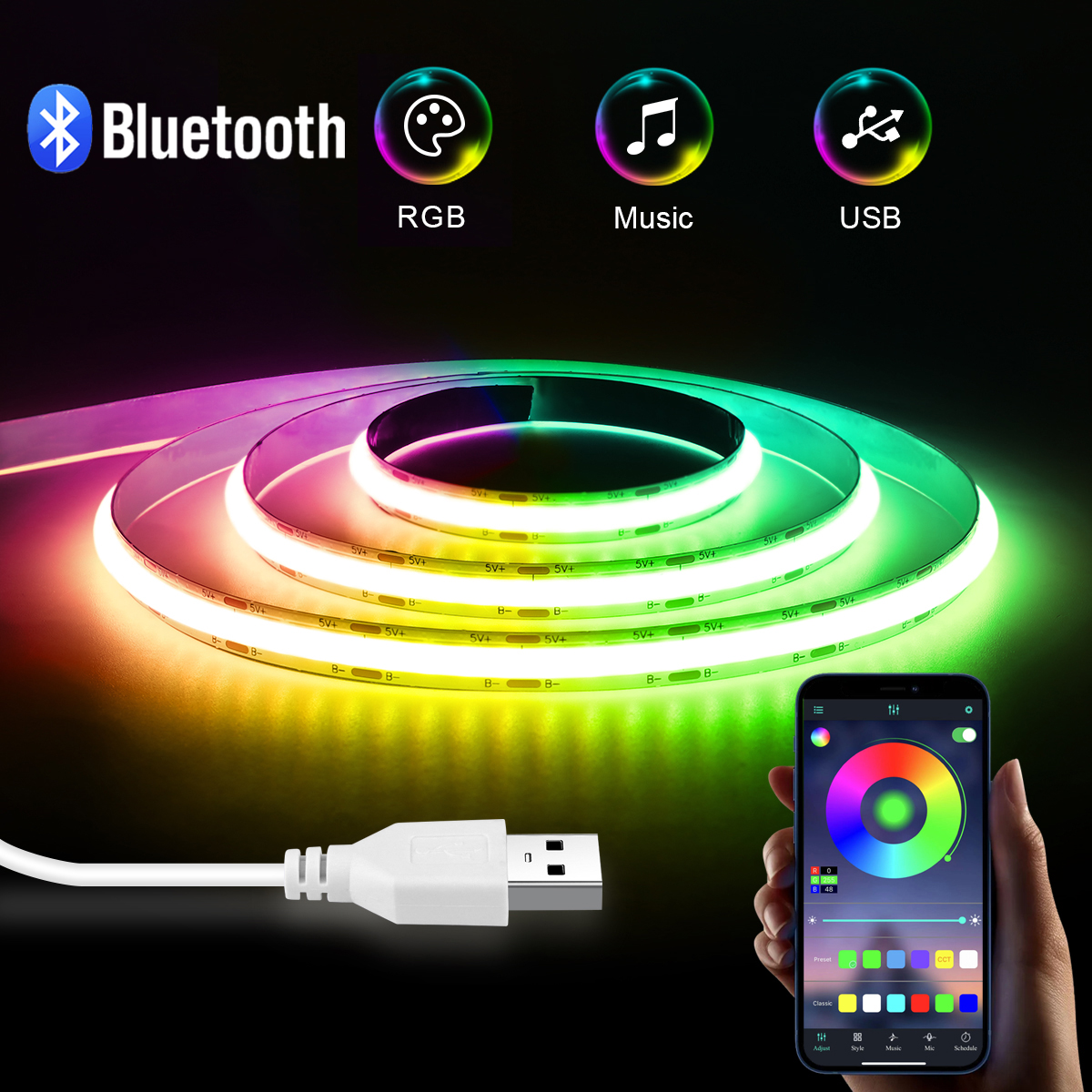 Smart RGB LED Strip Light Color Changing Bluetooth Control Light Strip USB 5V Light