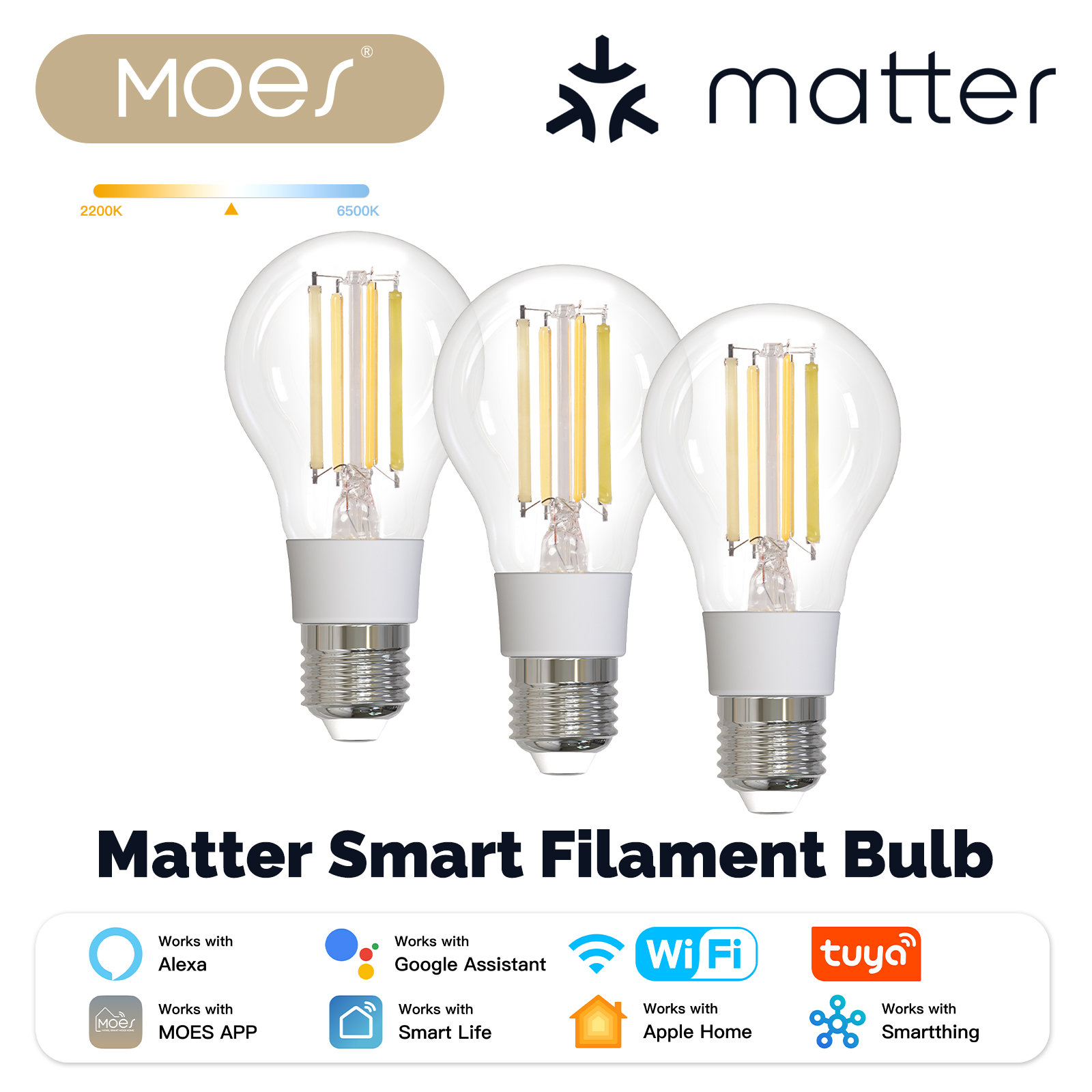 MOES TUYA Matter WiFi Smart Filament Bulb LED Light Lamp E27 Dimmable 2700K-6500K 806Lm 7W Alexa Home Voice Control lightify
