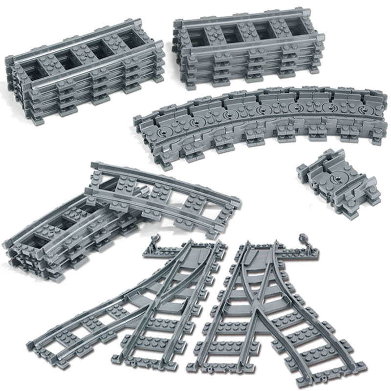 DIY Assembled City Train Track Flexible Straight Rail Curved Rail Switch Fork Railway Street Light Building Block Set MOC Toy