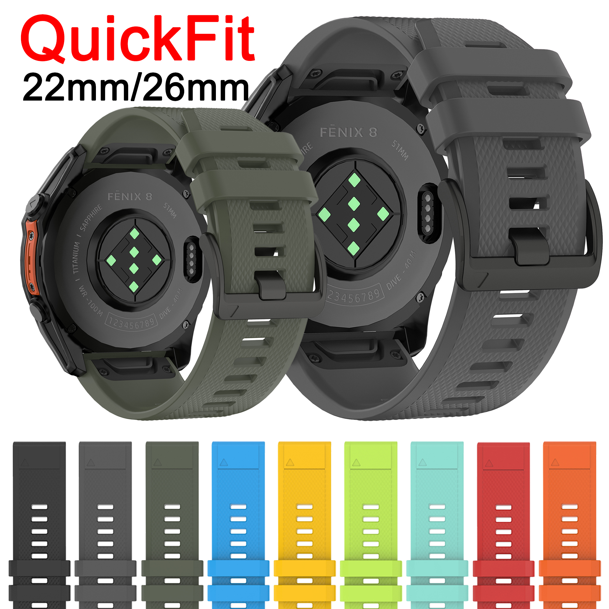 QuickFit 22mm 26mm Sport Silicone Strap For Fenix 8 E 7X 7 Pro 6X 5X Plus/Epix 2 47mm 51mm Bracelet Watchband
