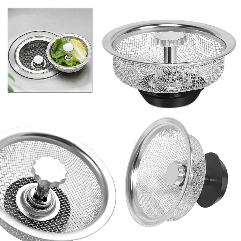 8pcs~2pcs Kitchen Sink Strainer With Handle & Stopper Replacement Drain Basket Stainless Steel Mesh Filter Waste Hole