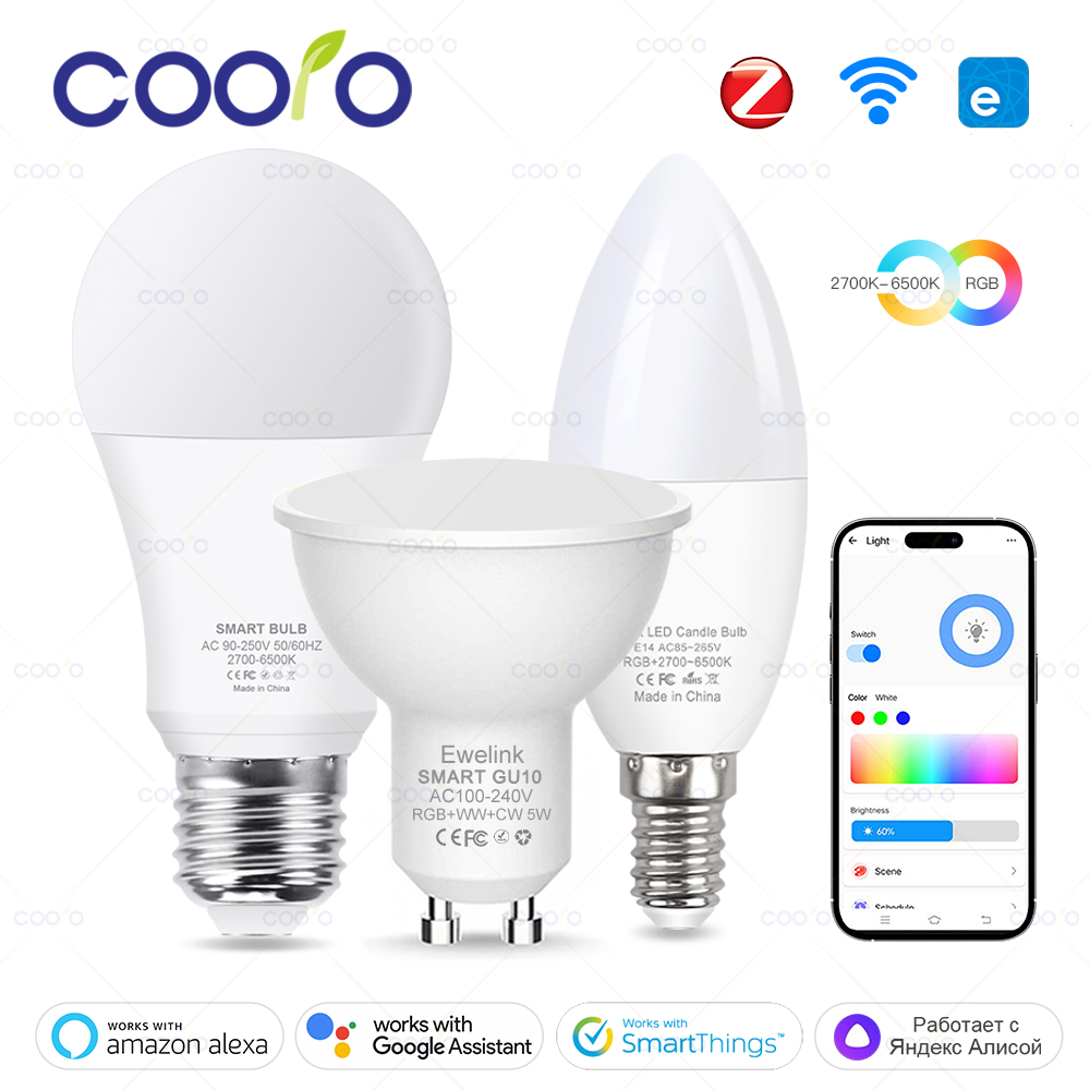 Smart WiFi Zigbee LED Light Bulb Dimmable E27 E14 GU10 RGBCW 3000-6000K LED Candle Lamp For Ewelink APP Alexa Home Yandex