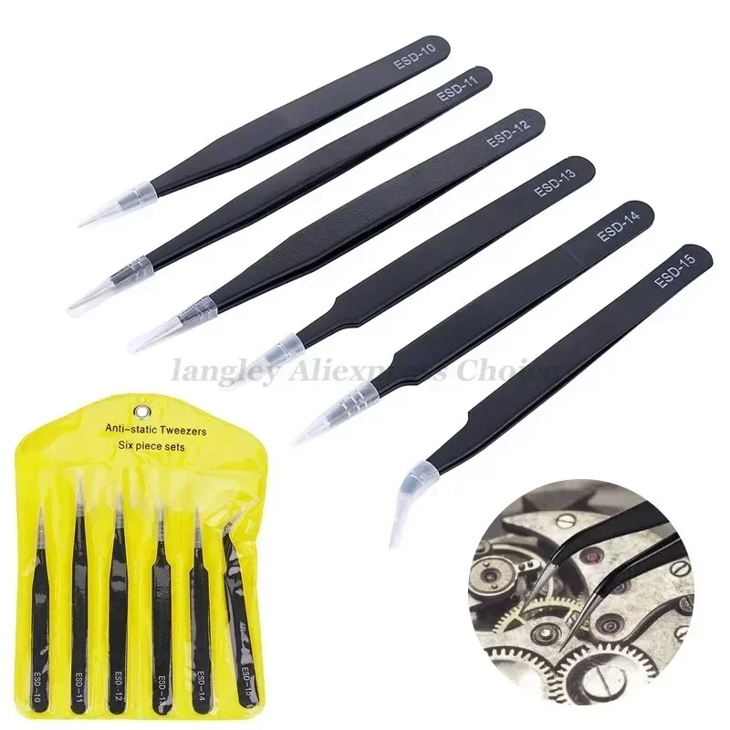 6pcs Recision Tweezers Set ESD Anti-Static Stainless Steel Tweezers Watch Repair Tool for Watchmaker Repair Soldering Craft Tool
