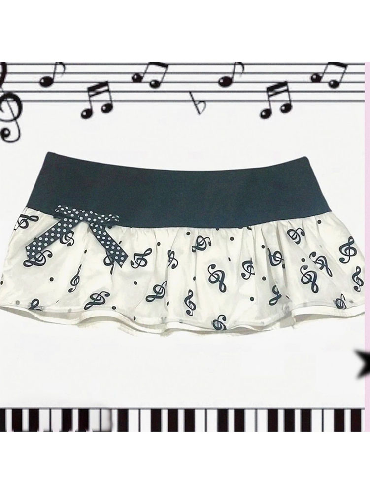 Kawaii Punk MIni Skirt Summer 2000s Women Clothes Cute Chic Bow Musical Note Tiered Short Skirts Aesthetic Sweet Skirts