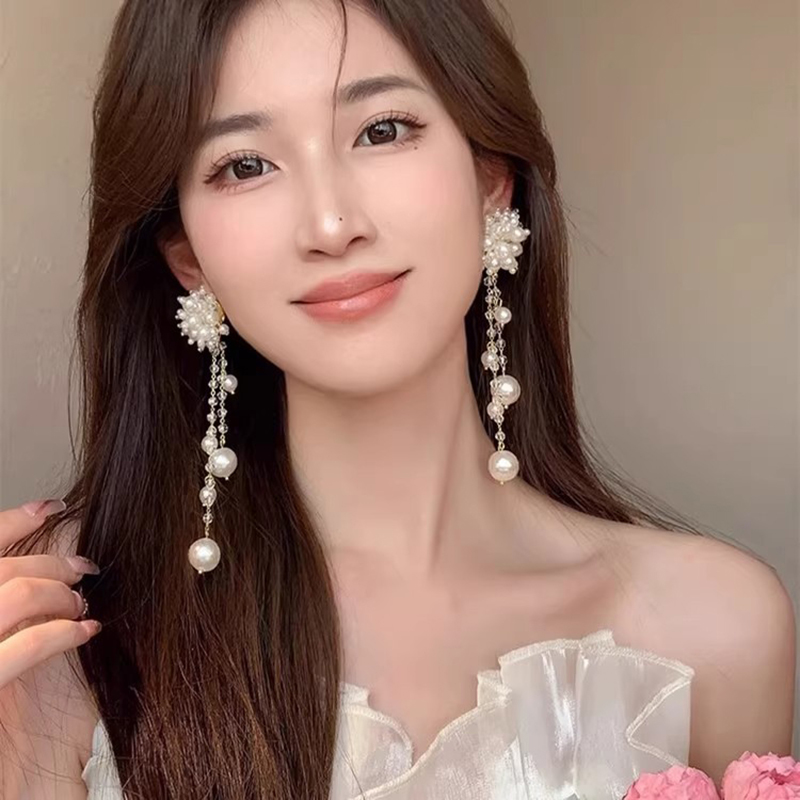 1pair Tassel Earrings Imitation Pearl Flowers Fringe Long Dangle Earrings For Women Elegant Temperament Dainty Luxury Jewelry