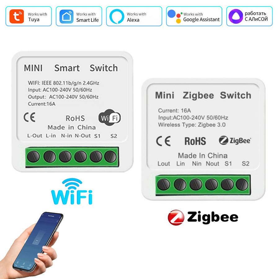 Tuya Smart WiFi ZigBee Switch Home Control Module 16A 2-Way Control Breaker Smart Life App Alexa Assistant Voice control