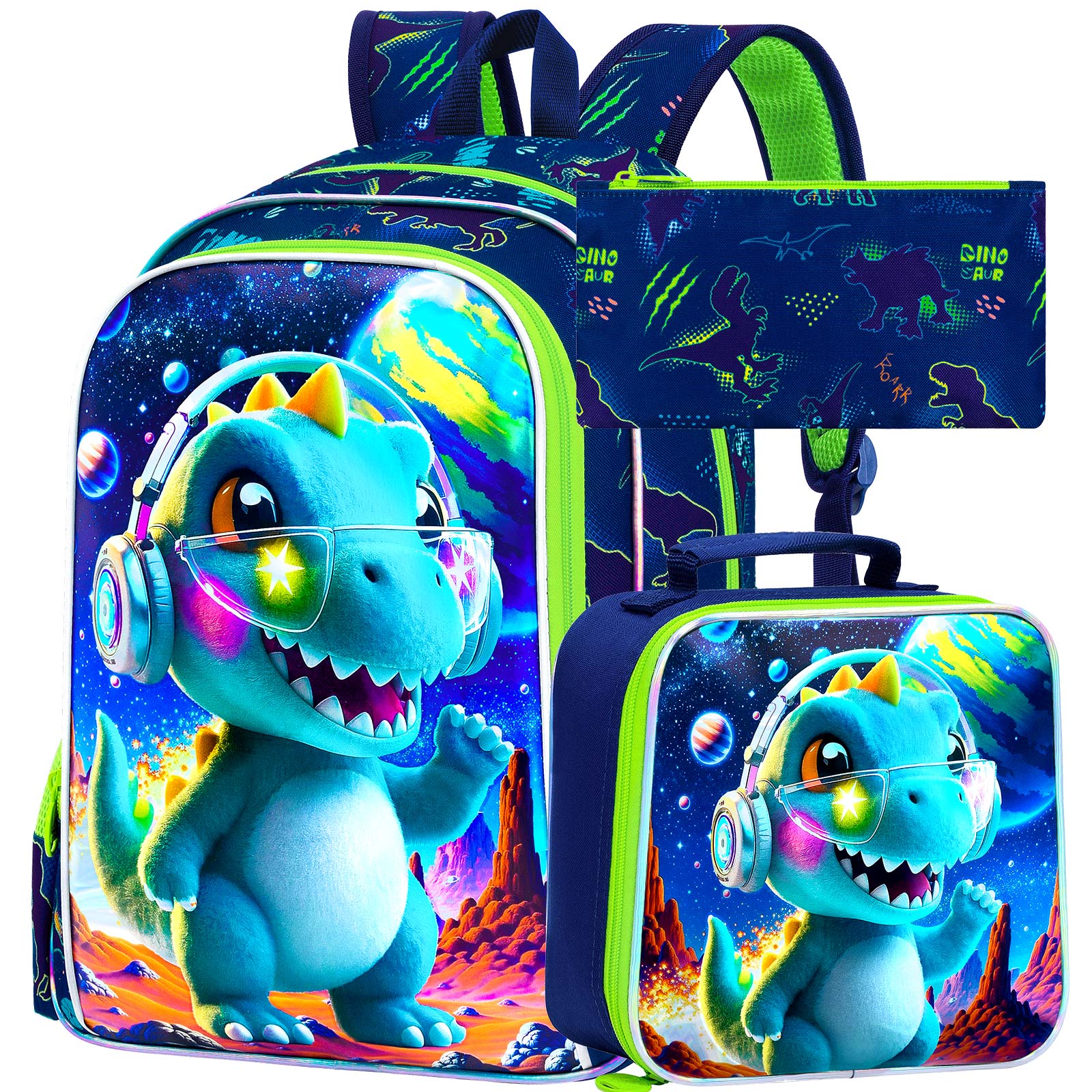 3PCS Boys Backpack,16”Kids Dinosaur Bookbag with Lunch Box, School Bag for Elementary Toddler
