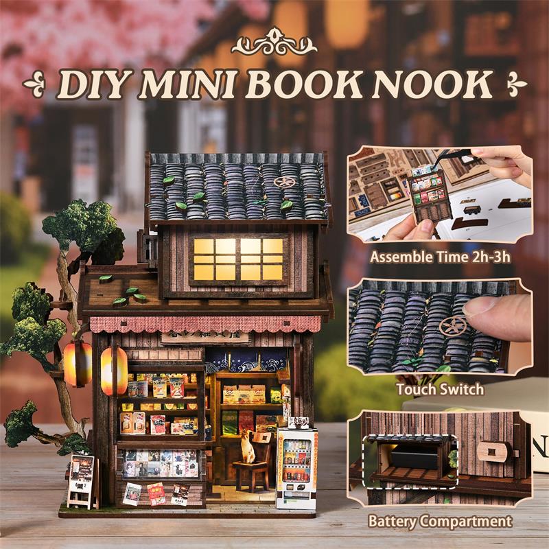 Zuuton DIY Japanese Grocery Store Miniature Dollhouse Kit 3D Wooden Puzzle Book Nook with LED Light Handmade Building Model