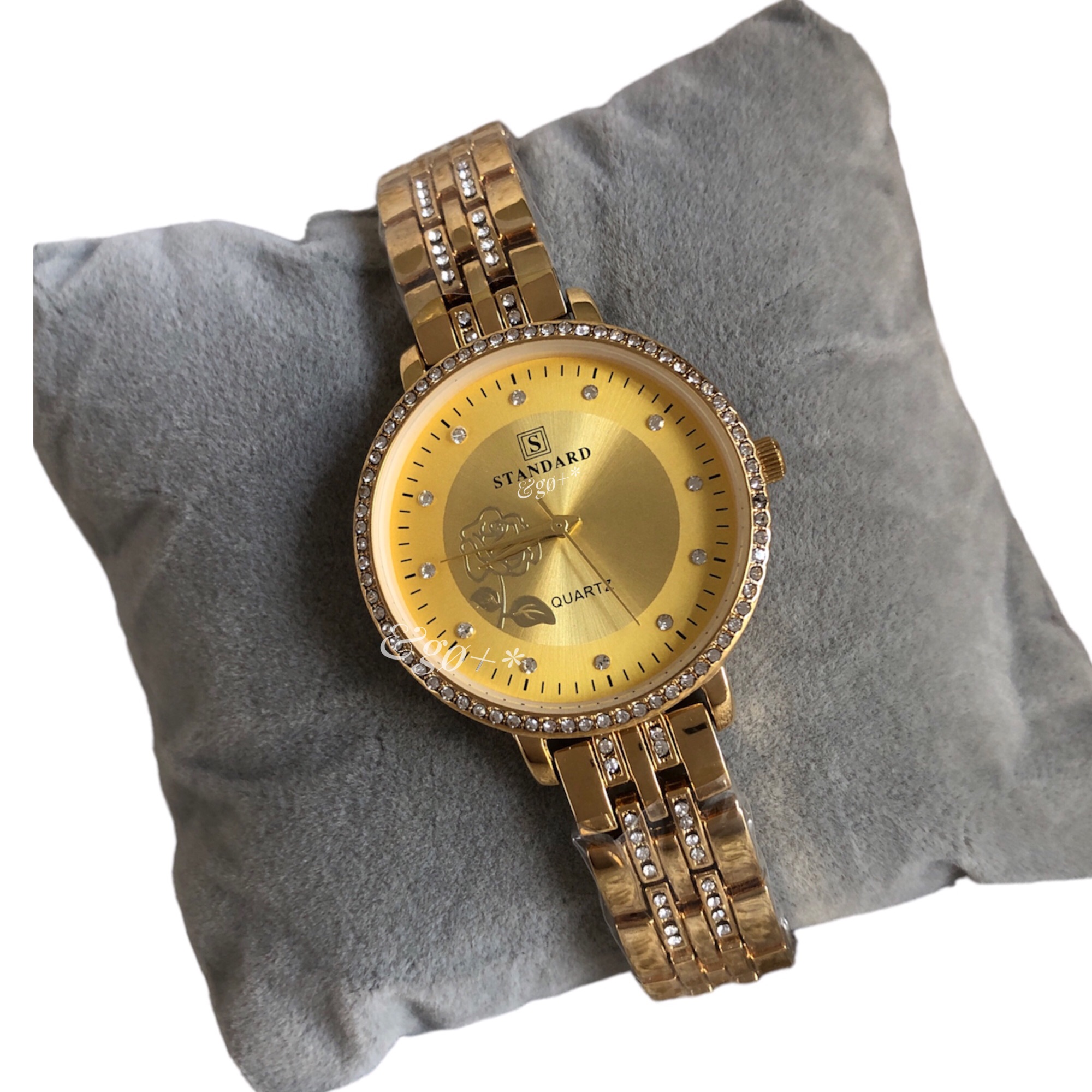 Standard Stylish Golden Diamond Surrounded Rose Relief Japan Movement Fashion & Casual Stainless Steel Watch For Women