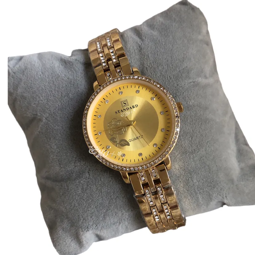 Standard Stylish Golden Diamond Surrounded Rose Relief Japan Movement Fashion & Casual Stainless Steel Watch For Women