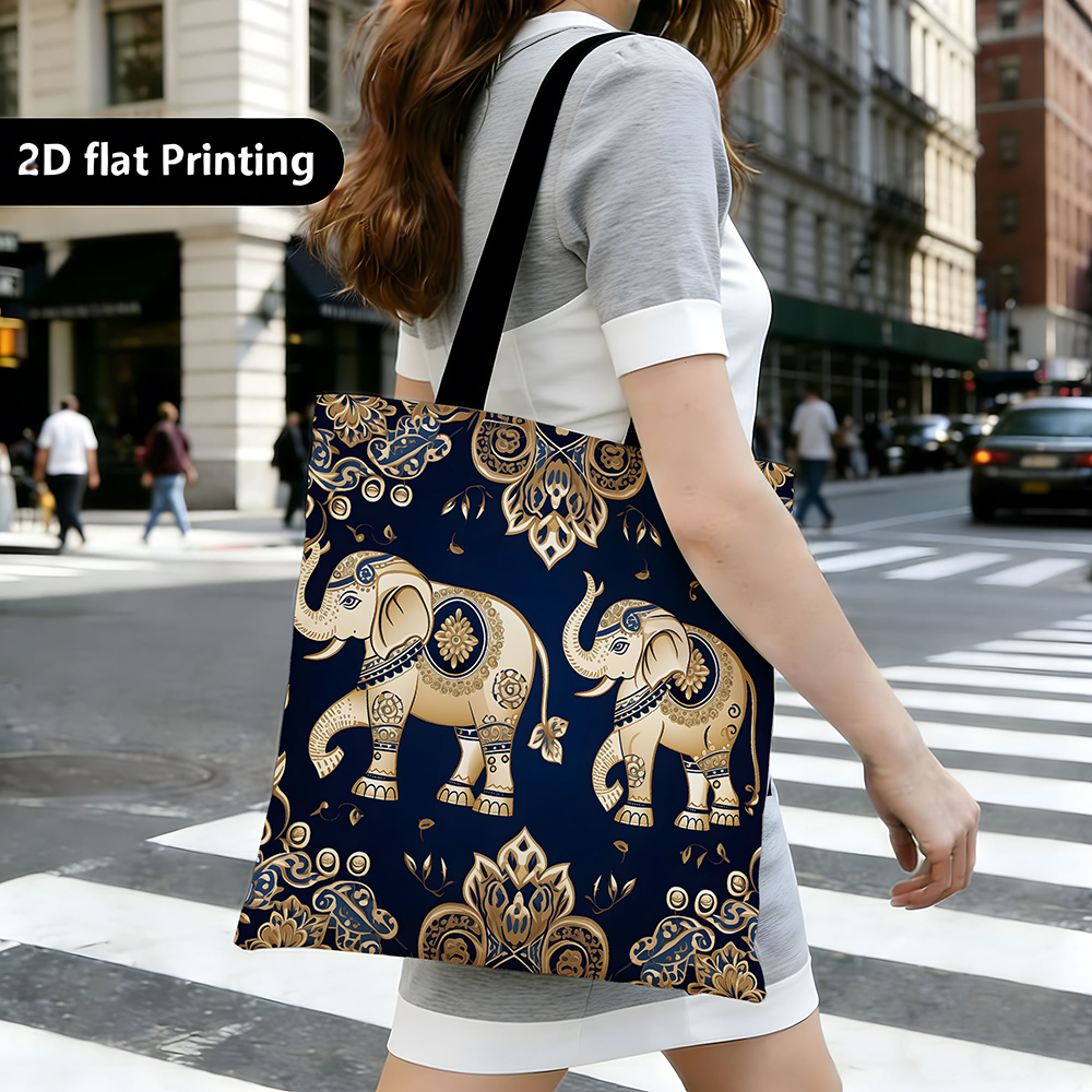 1PC Golden Elephant Paisley Canvas Tote Bag - Boho Indian Inspired Print with Ornate Floral Patterns, Eco-Friendly Shoulder Bag
