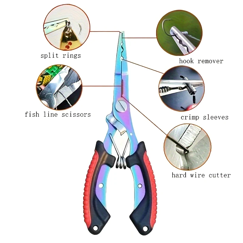 1-Piece Saltwater Fishing Pliers, Stainless Steel Multi-Tool, Curved Jaw with Braid Line Cutter & Split Ring Tip