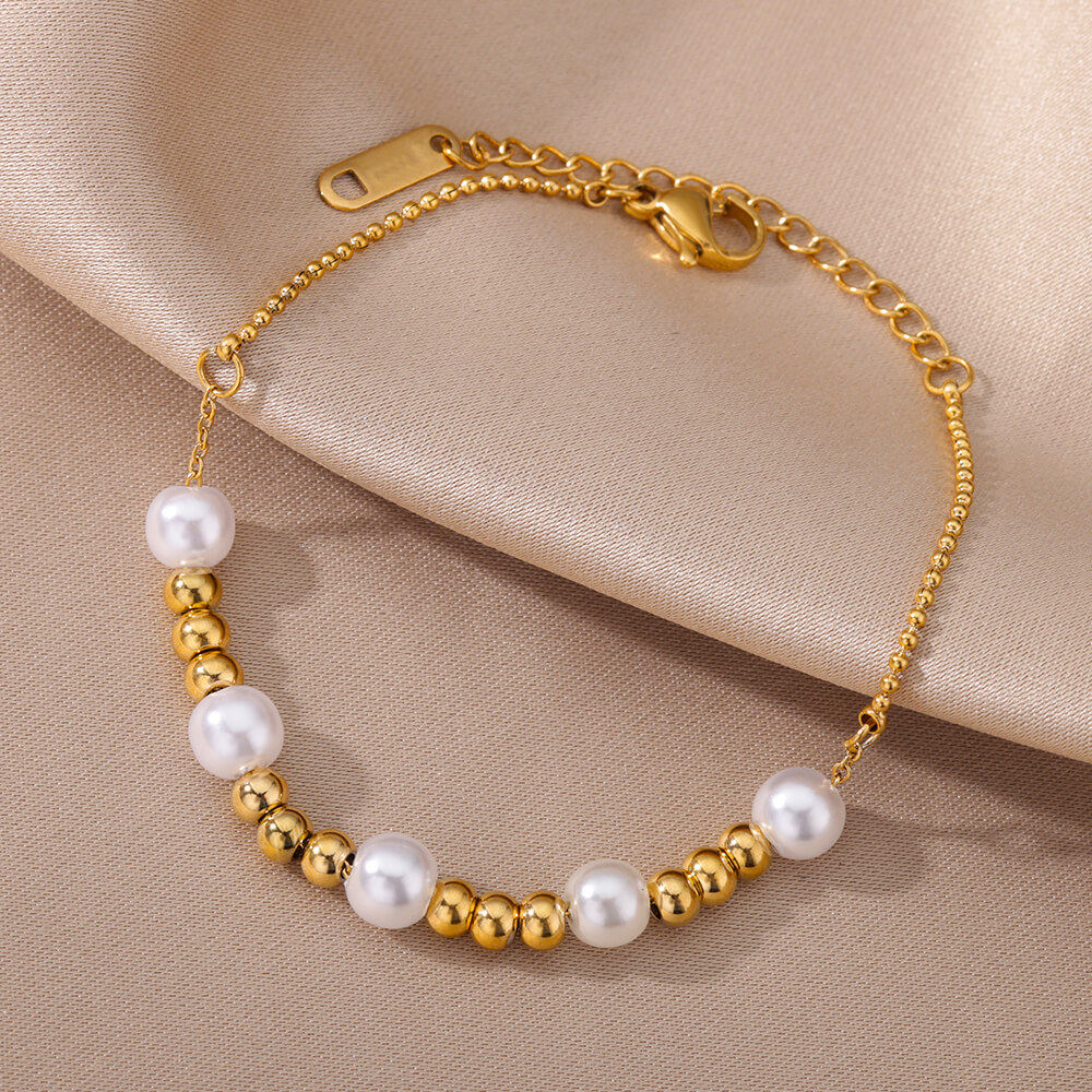 Exquisite Stainless Steel Beaded Bracelet 18K Gold Plated Imitation Pearls Bracelet For Women Vintage Fashion Jewelry s