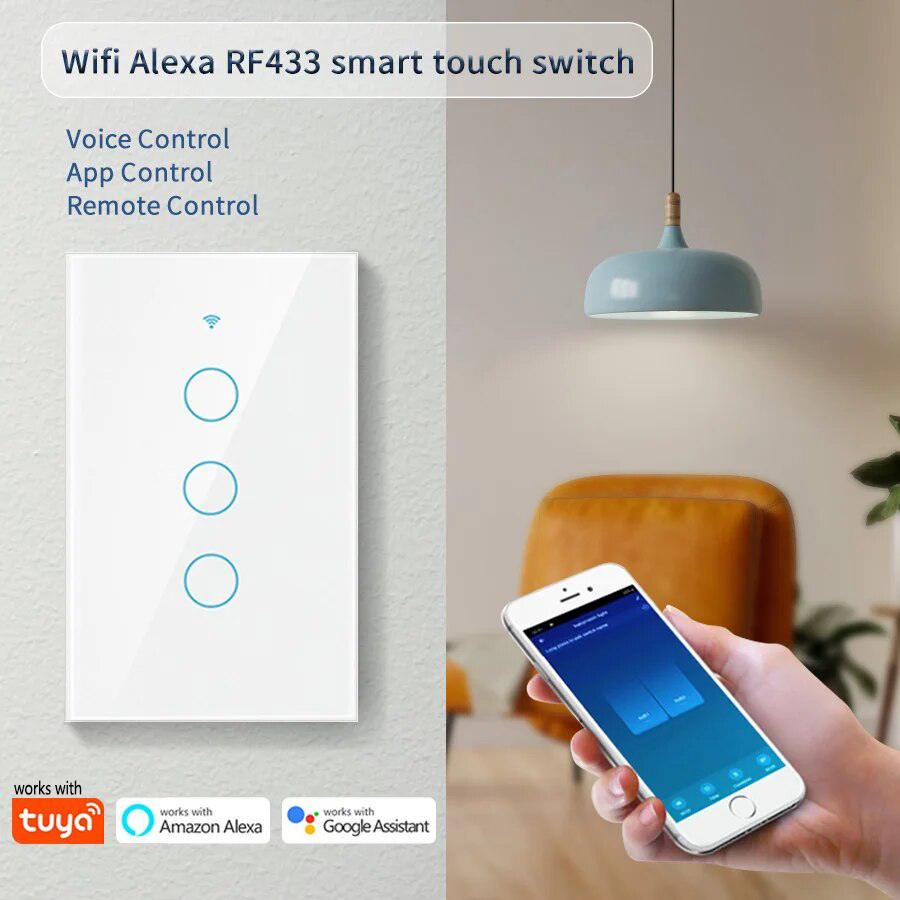For Tuya Smart Wifi Light Switch No Neutral Wire Touch Panel EU 1/2/3 Gang Wall Switch Control Voice Control Alexa