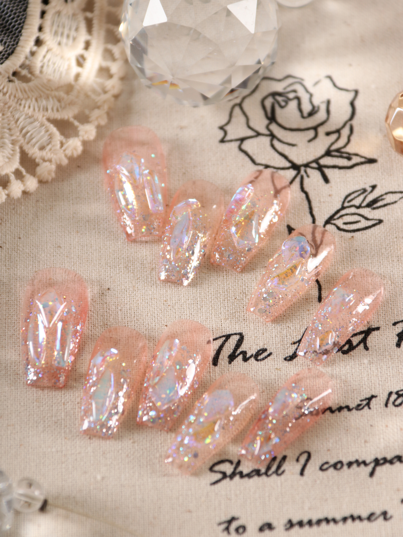 10Pcs Press on Nails French Style Hand Drawn Shining and Spark Office Dailywear False Nails Artificial Nails Kit Nail Art DIY