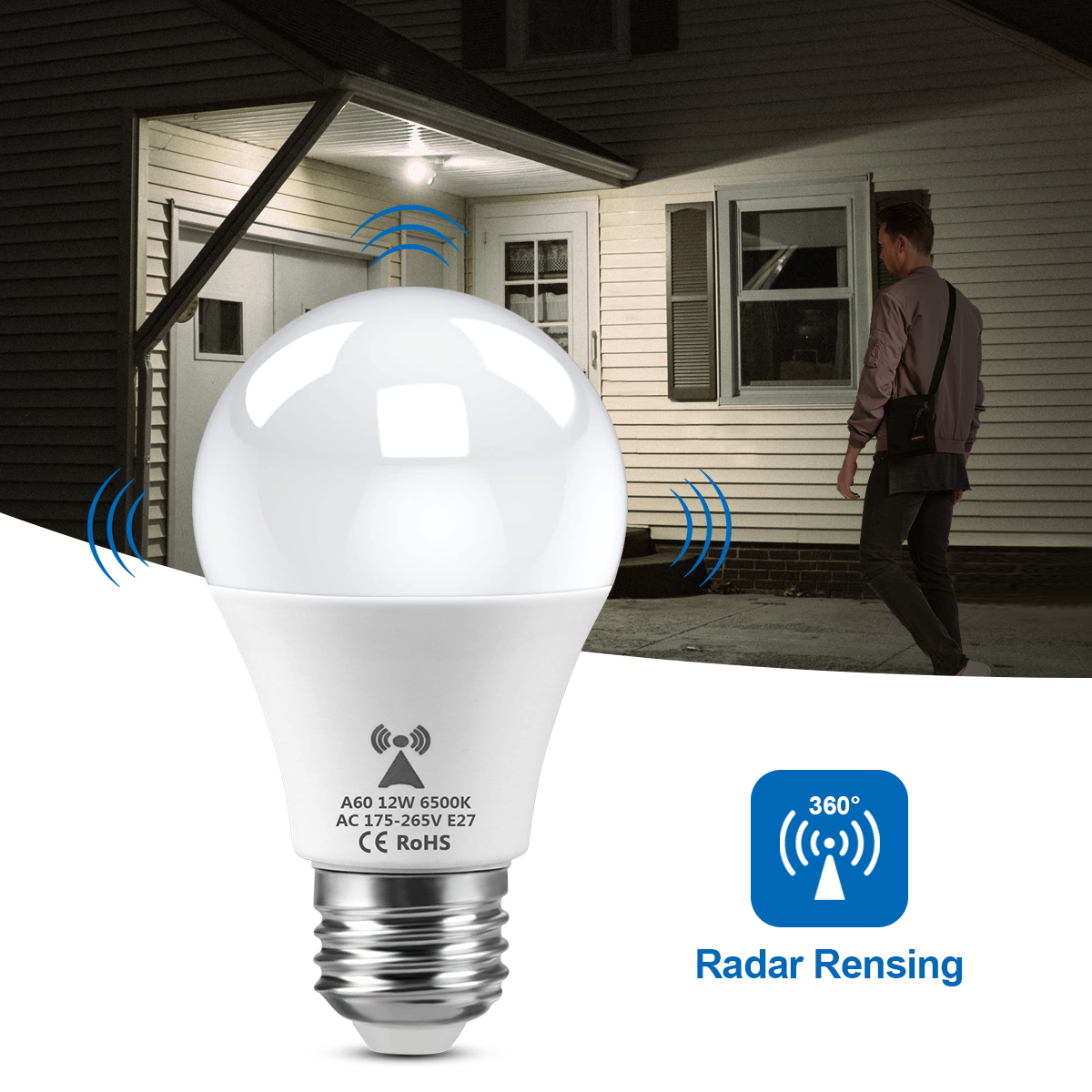 Microwave Radar Detection LED Night Light Bulb 220V E27 12W Radar Motion Induction Lamp Built-in Radar/Light Sensors For Stairs