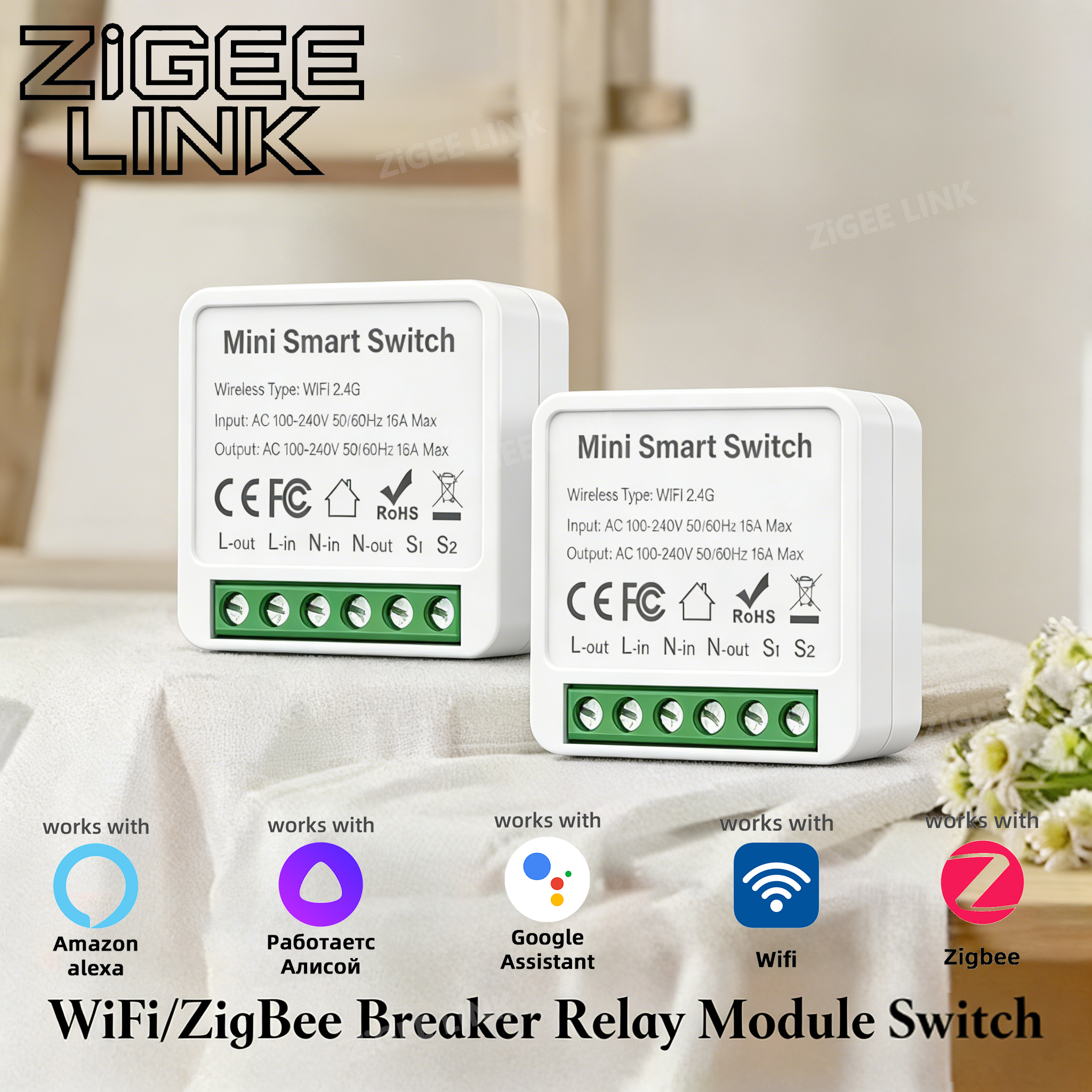 16A Tuya WiFi/zigbee 2-way Control with Power Monitor Mini Smart Switch Breaker Smart Life APP Control Alexa Via Home