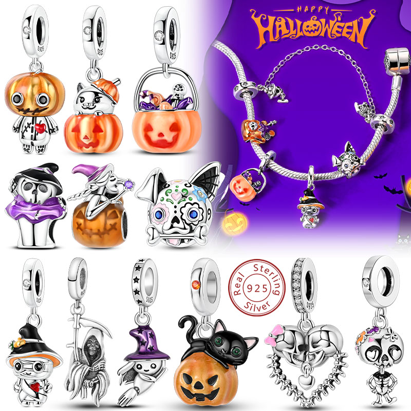 Original 925 Sterling Silver Halloween Charm Bead Pendant Skeleton Witch Bat Pumpkin Charm Fit Bracelet Halloween Jewelry Gift