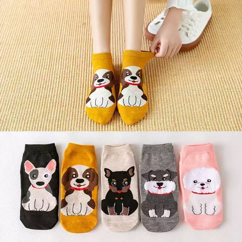 5 Pairs of Cute Cartoon Pet Socks with Cats, Dogs, and Foxes in Korean and Japanese Style for Spring and Summer, Made of Cotton, for Women