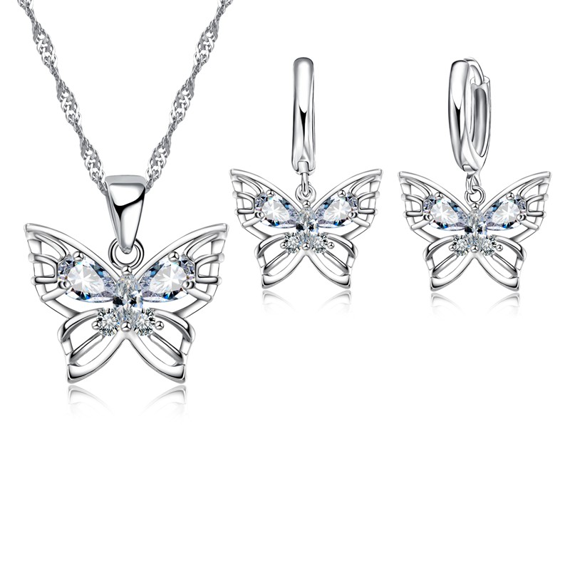 New Fashion 925 Sterling Silver Color Jewelry Sets Shining Austrian Crystal Inlaid Butterfly Wedding Pendant Necklace Earrings pen gpt