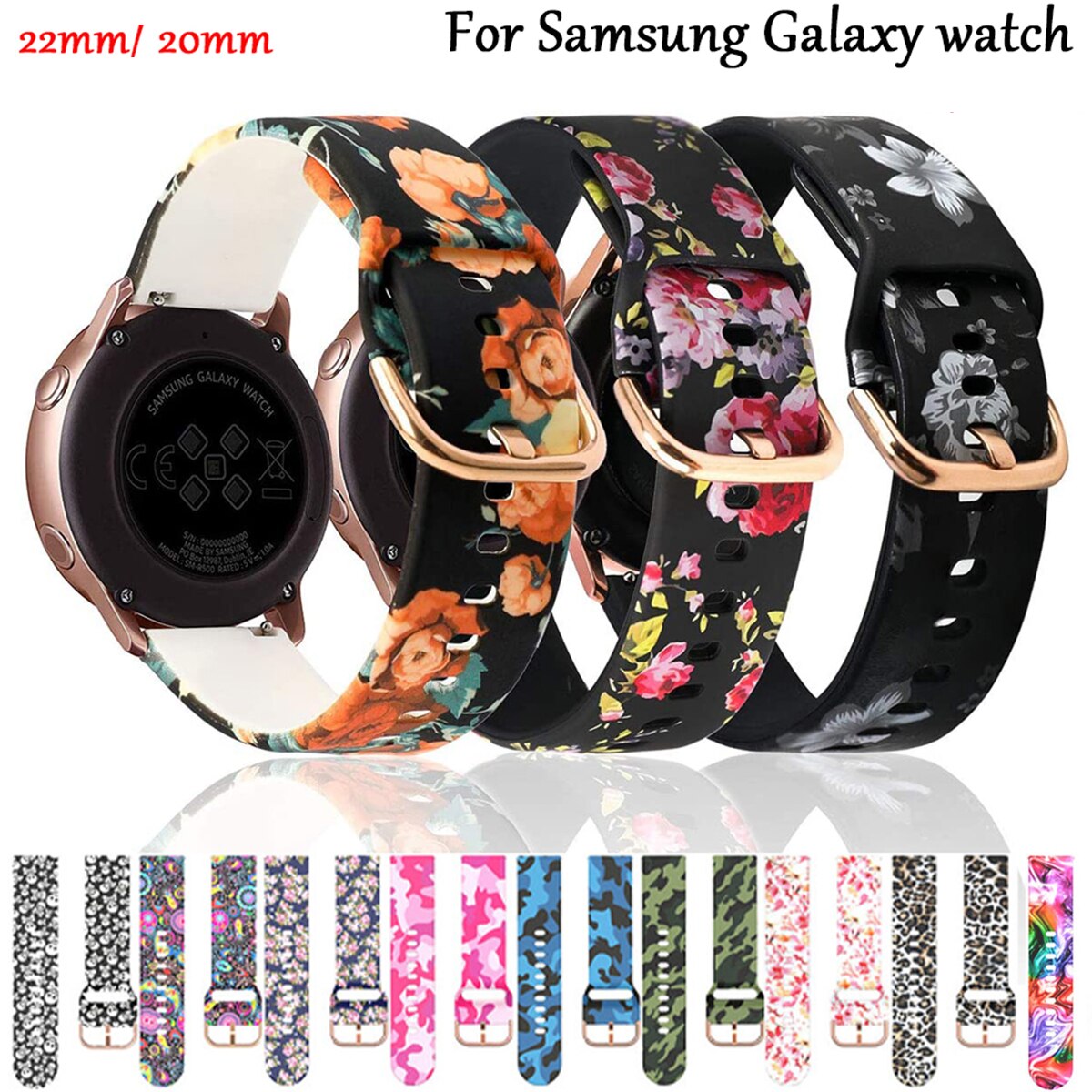20mm/22mm Strap For Watch 4/5/5 Pro/Classic 46mm/Active 2 Printing Silicone Bracelet For GTR/GTS 4 Band