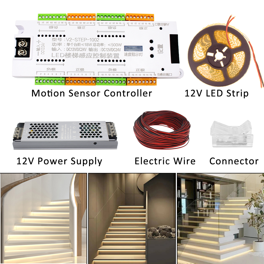 LED Motion Sensor Stair Light Strip Controller DC 12V 24V 32 Channels Smart PIR Night Light Single Corlor Control Flexible Tape lightify