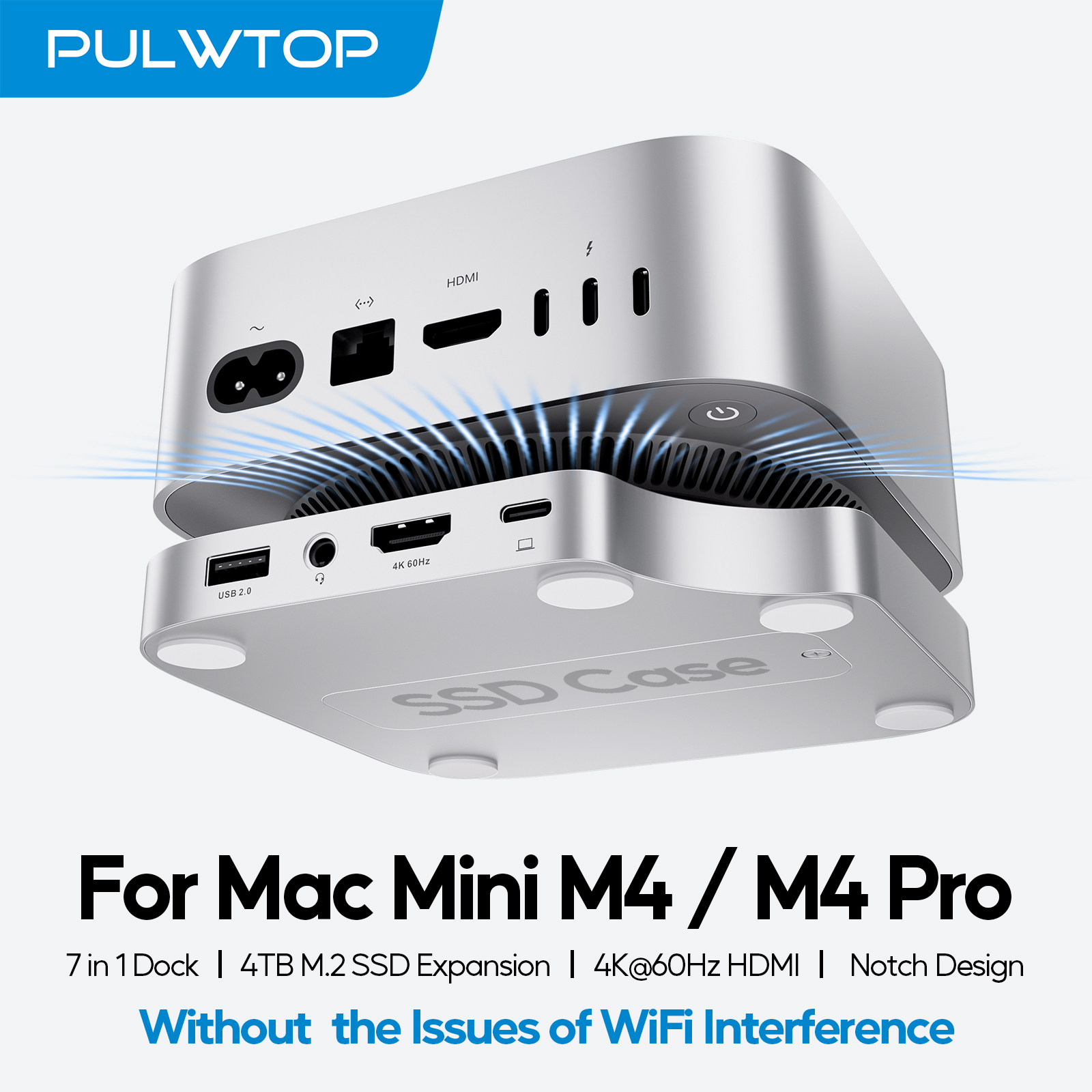 PULWTOP Mac Mini M4 Hub stand with 4TB SSD Enclosure for Mac Mini M4/M4 Pro, with USB A/C 3.2, Audio Mic, SD/TF