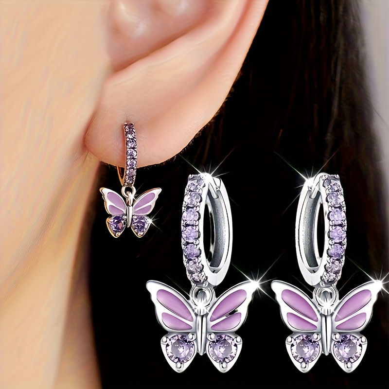 Pink and Purple Color Zircon Set Sweet Butterfly Pendant Earrings, Elegant and Romantic Ladies' Jewelry Anniversary