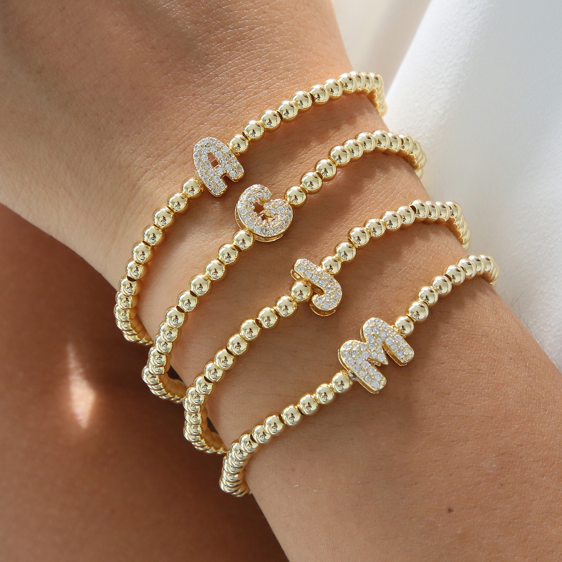 2025 Low-Key Luxury 4mm Copper Beads White Zircon 26 English Letters Bracelets Men Women Fashion Charm Jewelry
