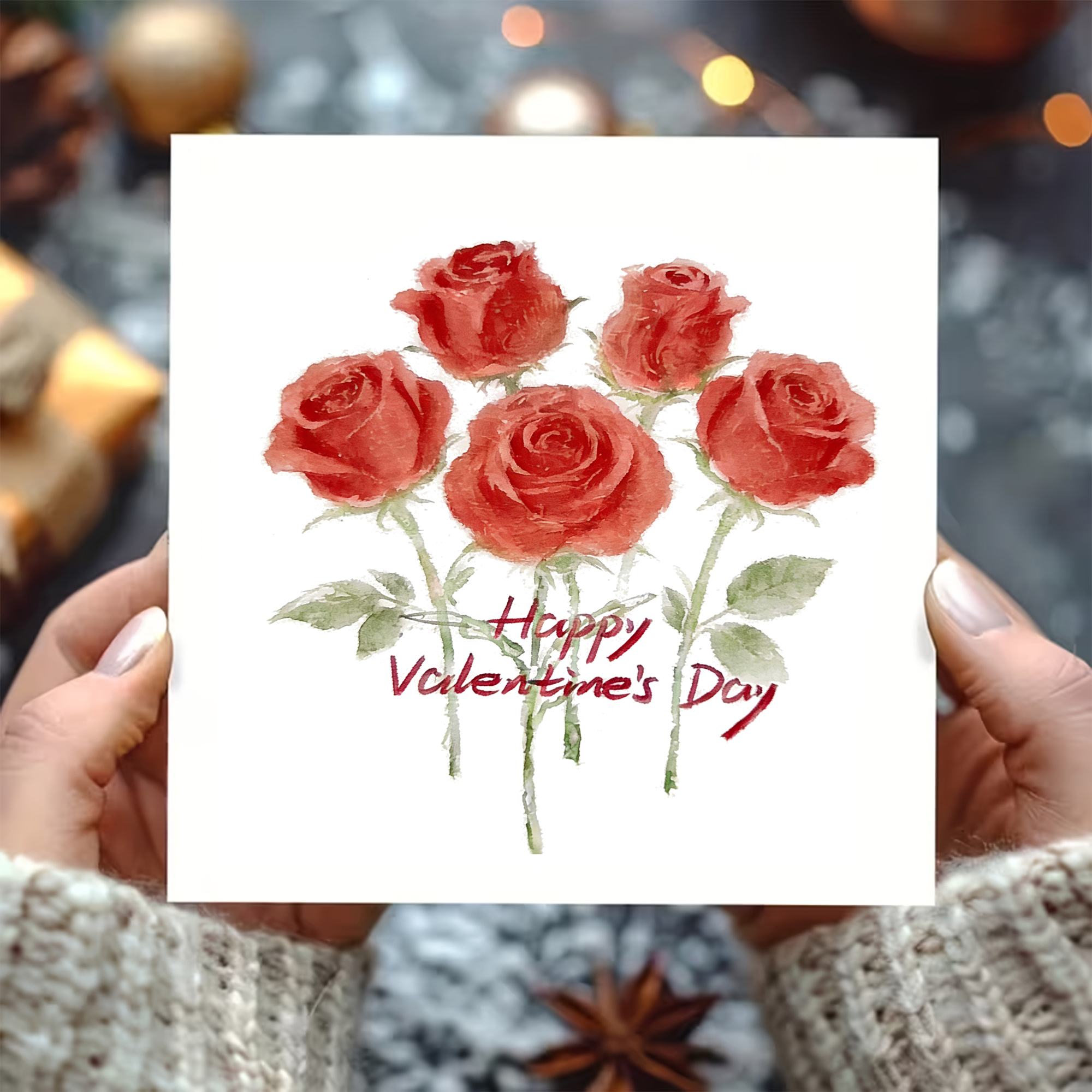 Happy Valentine's Day Red Rose Greeting Card with Envelope - White Square 2Pcs Card & Envelope Set, Watercolor Rose Design Valentine's Day