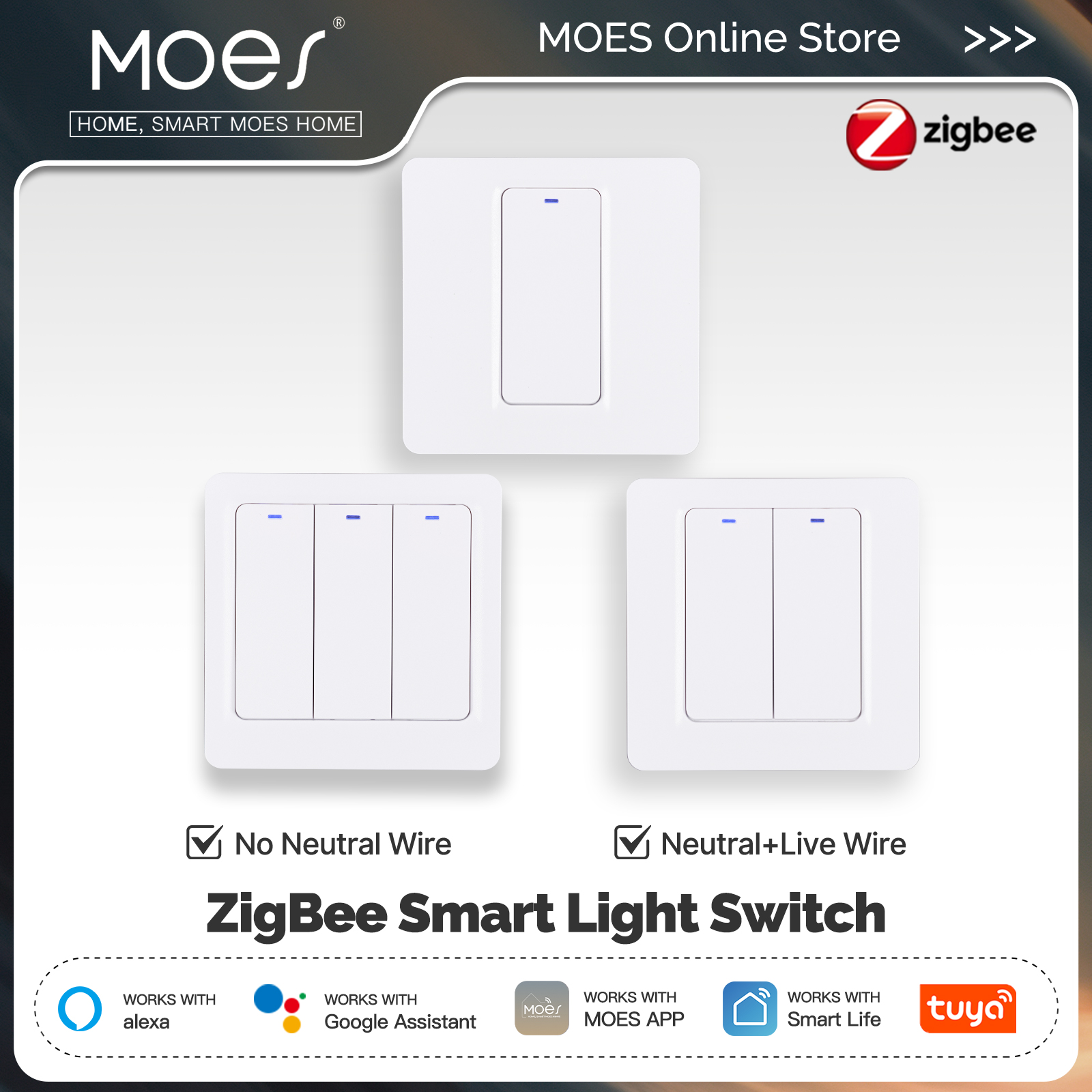 MOES Tuya ZigBee Smart Wall Light Switch with Optional Neutral Wire Magnetic Relay App Control Alexa Home