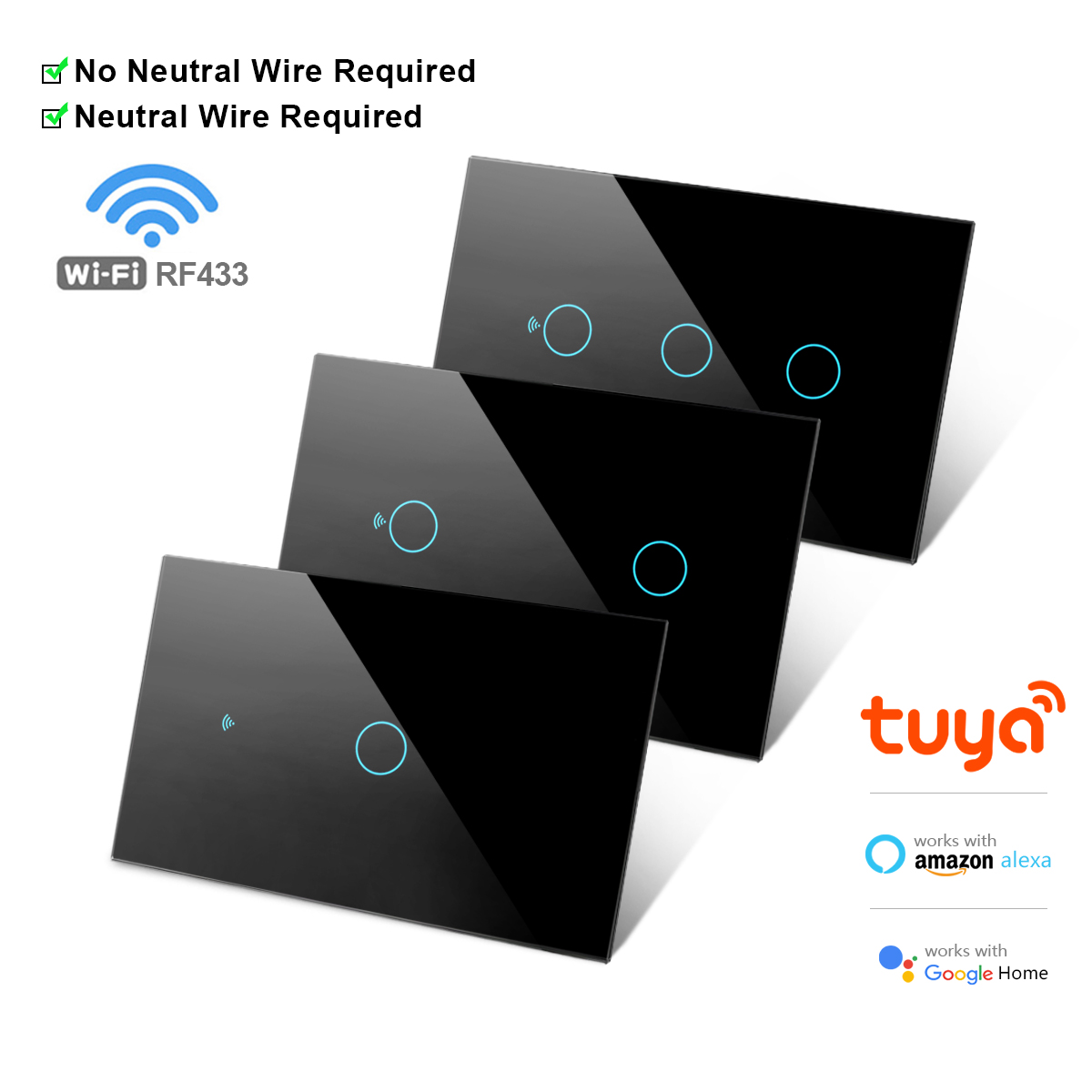 US WiFi Smart Wall Switch RF433 No Neutral Wire Touch Sensor LED Light Switches Works with Tuya Smart Life App Alexa Home