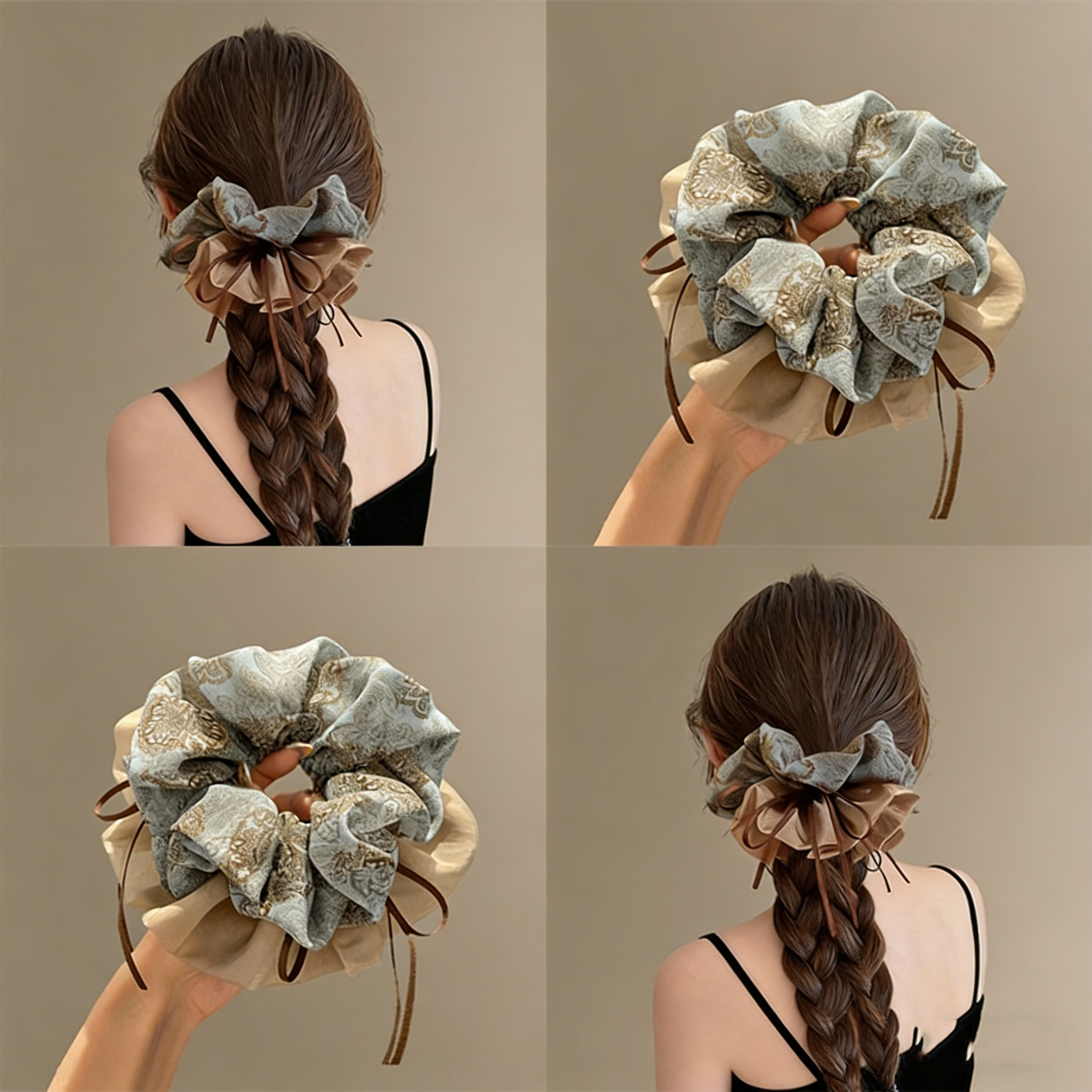 1pc Double-Layer Fabric Scrunchie Light Blue Patterned Beige Textiles Brown Ribbon Vintage Elegant Tones Detail Styles Accessory