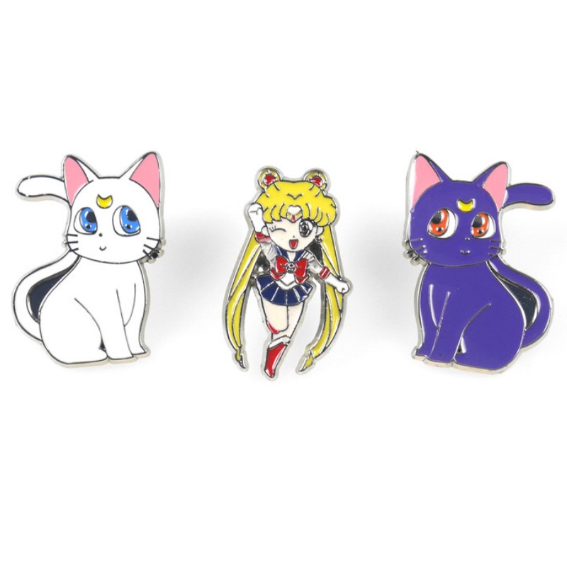 Kawaii Cat Enamel Pin Sailor Moons Luna and Artemis Brooch Cartoons Animal White Kitty Badge Jewelry