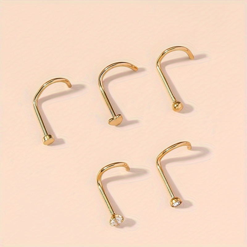 5pcs Stainless Steel Nose Nails Round Cubic Zirconia Nose Studs Piercing Jewelry Bend Rod Earrings Heart-Shaped