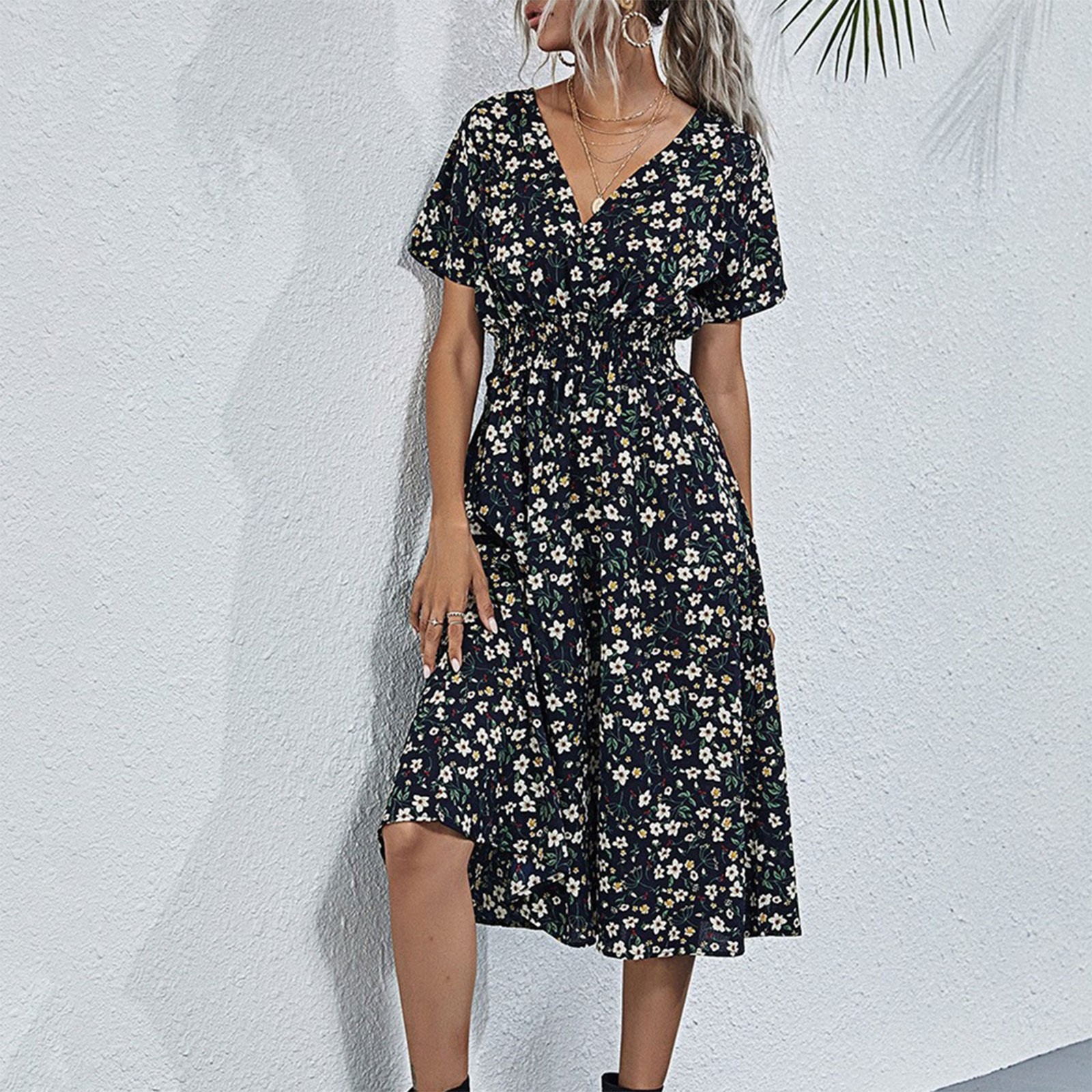 High Quality Luxury Design Dress 2024 Elegant Waist Cinching V-neck Printed Elastic Waist Maxi Dress Women Clothing Vestido